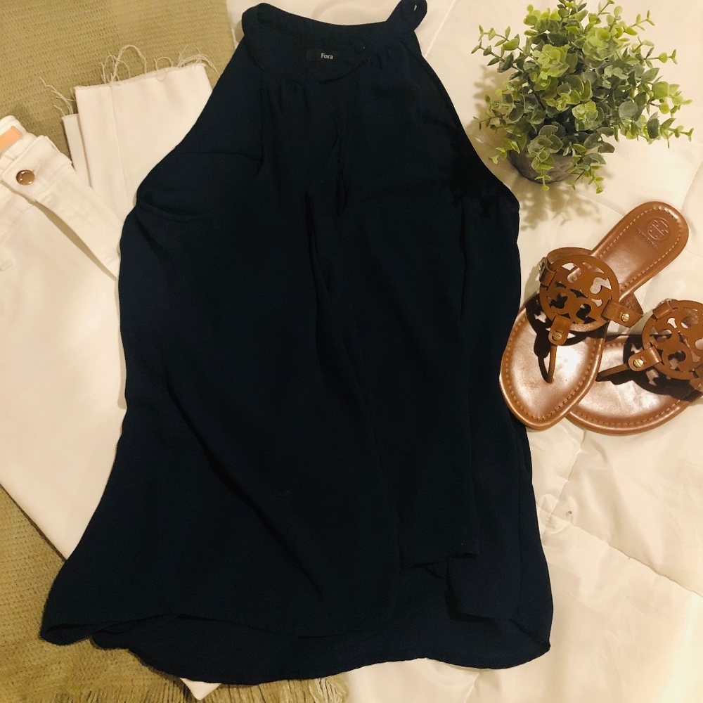 Navy Flora High Neck, Triangle Cut Out Top